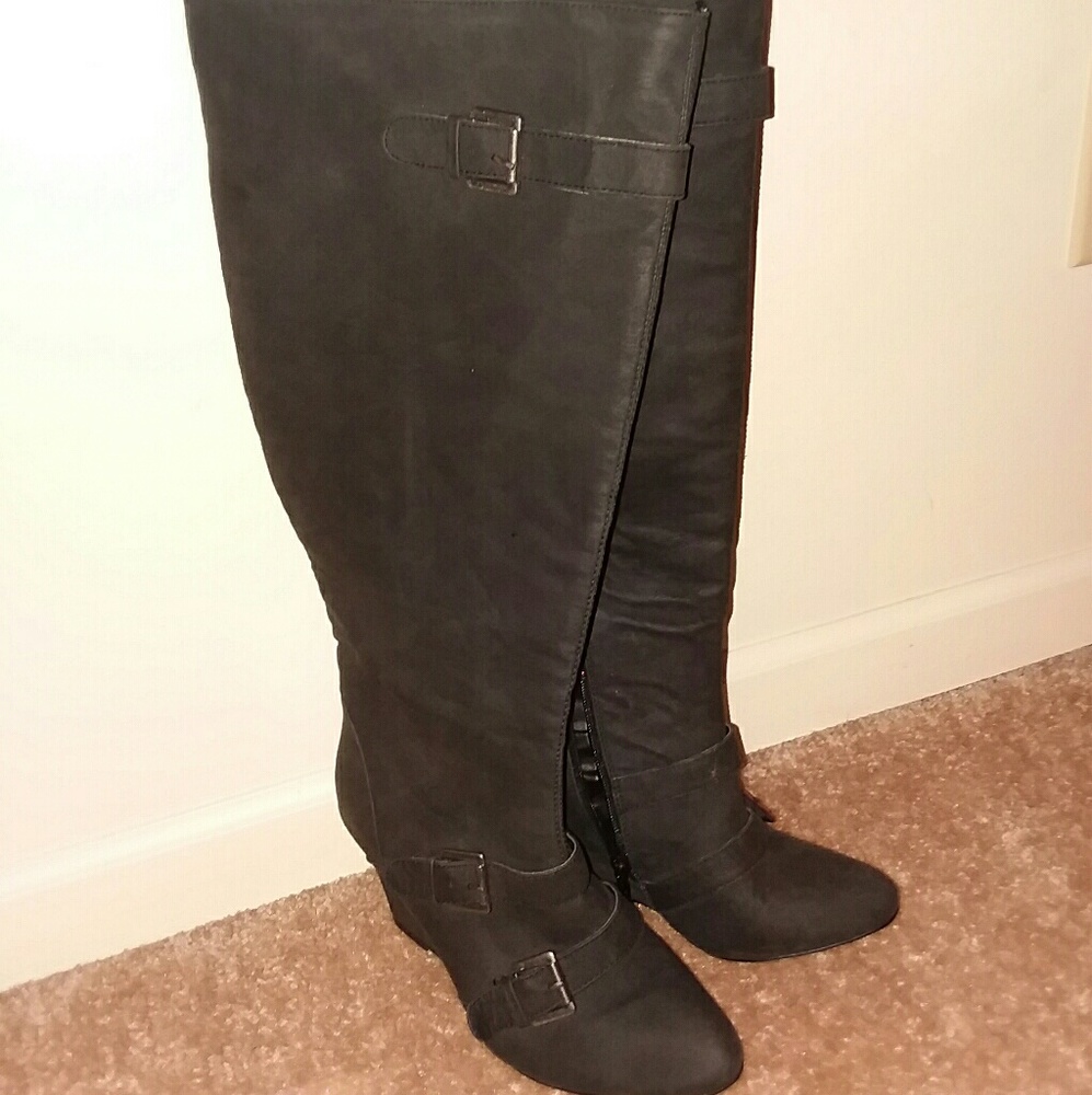 Gray suede wedge knee boots